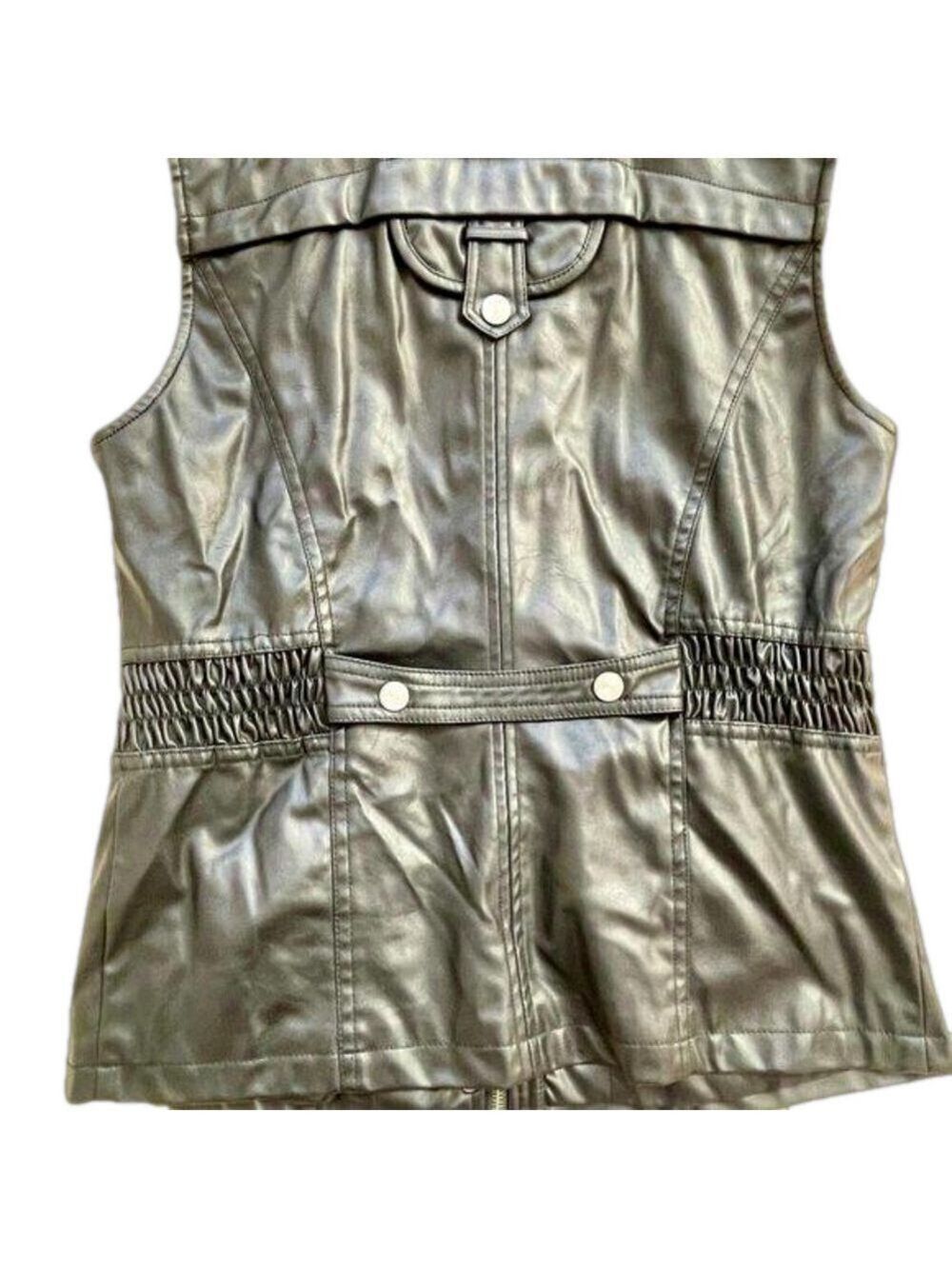 Black Vegan Leather Ethyl Vest, Ruffled Collar, Size M - Picture 13 of 14